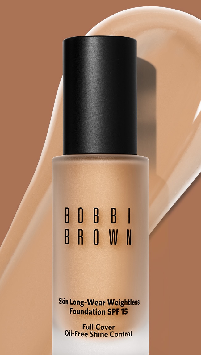 Close up of Skin Long-Wear Weightless Foundation with swatch behind over a tan colour background