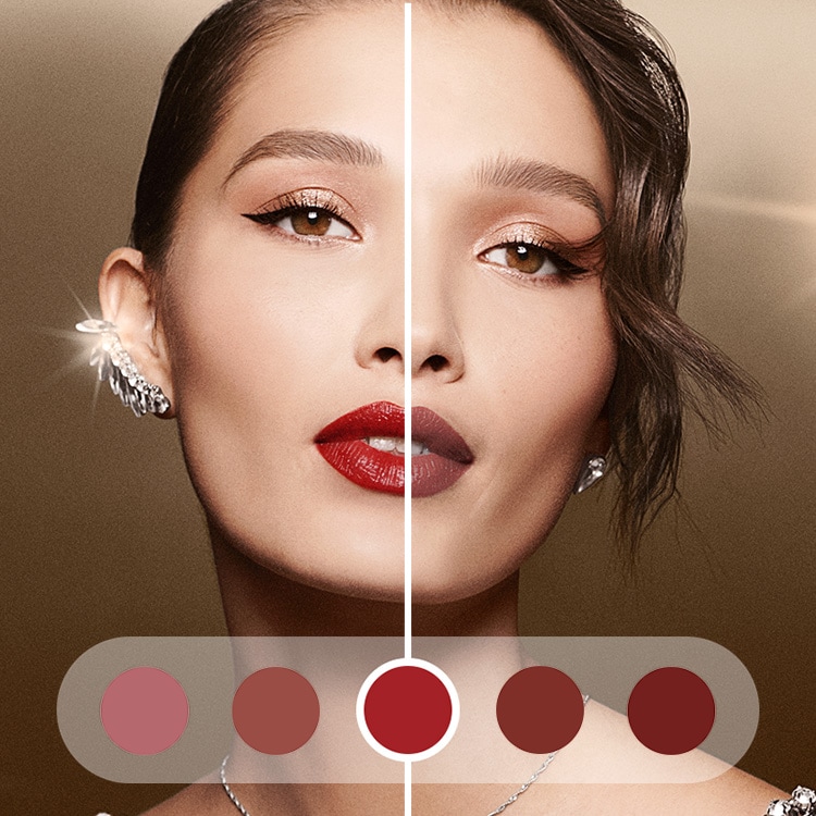 Animation showcasing model trying on lipstick shades virtually, swiping between before and after