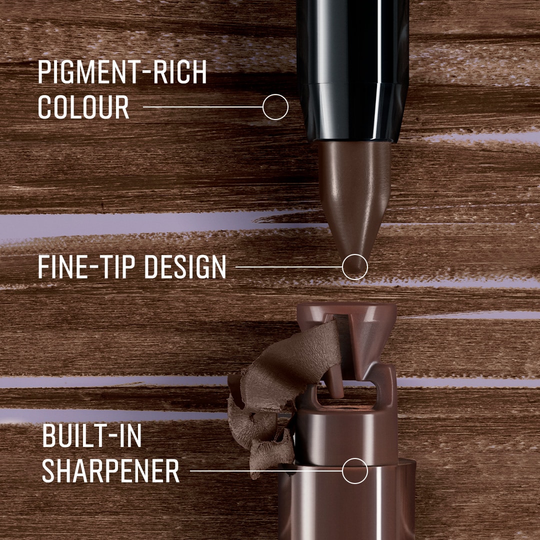 Close up of Long-Wear Cream Liner, highlighting pigment rich colour, a fine tip design and the built in sharpener
